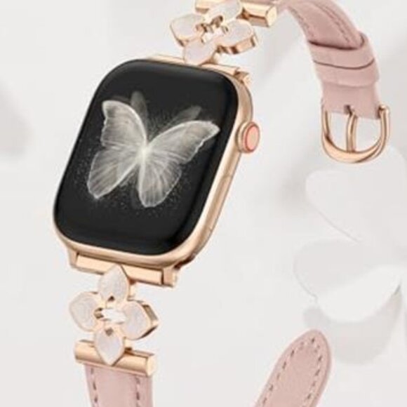 NEW Slim Pink/Rose Gold Chic Floral Leather Apple Watch Band - Picture 3 of 5